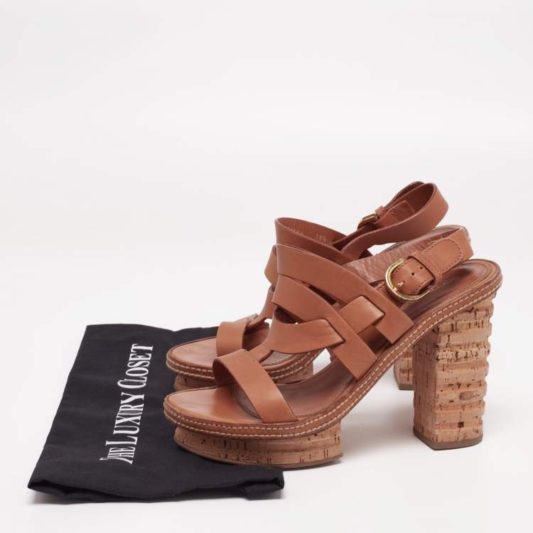 Pre Owned Sergio Rossi Brown Leather Cork Heel Platform Sandals 38.5