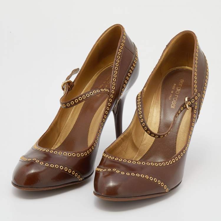 Pre Owned Sergio Rossi Brown Leather Eyelet Mary Jane Pumps Size 40