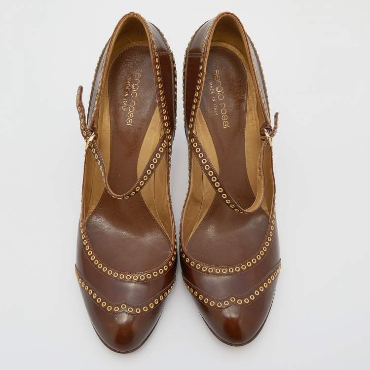 Pre Owned Sergio Rossi Brown Leather Eyelet Mary Jane Pumps Size 40