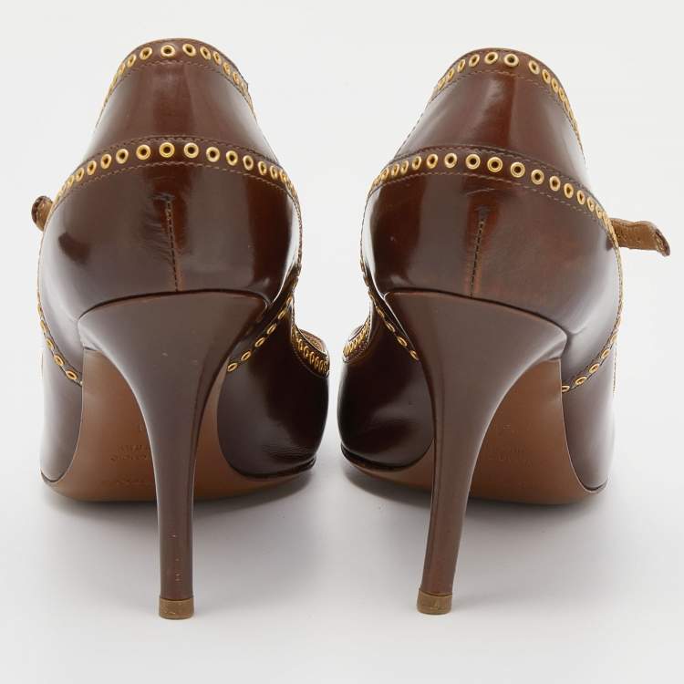 Pre Owned Sergio Rossi Brown Leather Eyelet Mary Jane Pumps Size 40
