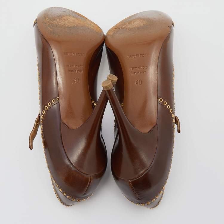 Pre Owned Sergio Rossi Brown Leather Eyelet Mary Jane Pumps Size 40