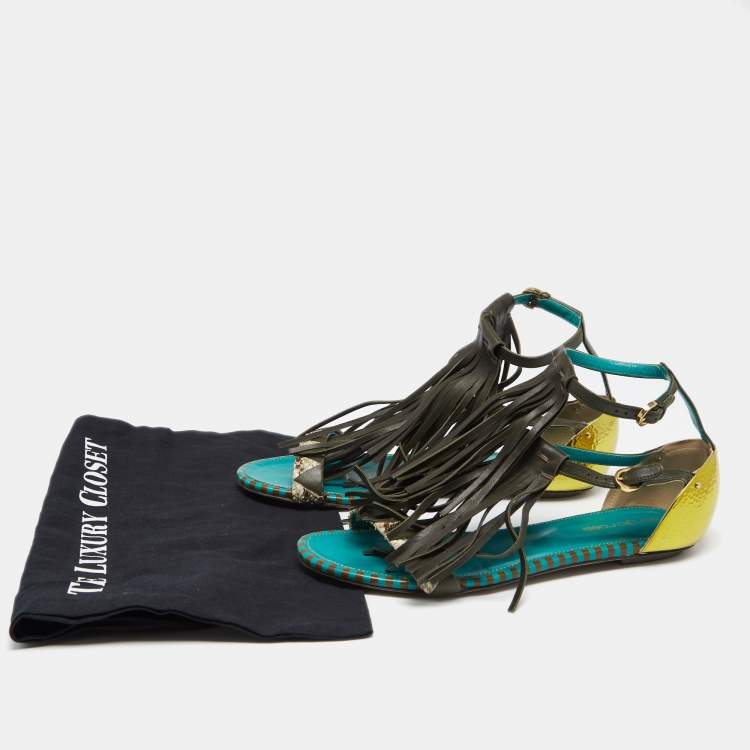 Pre Owned Sergio Rossi Multicolor Snakeskin and Leather Fringe Detail Ankle-Strap Flat Sandals Size 38