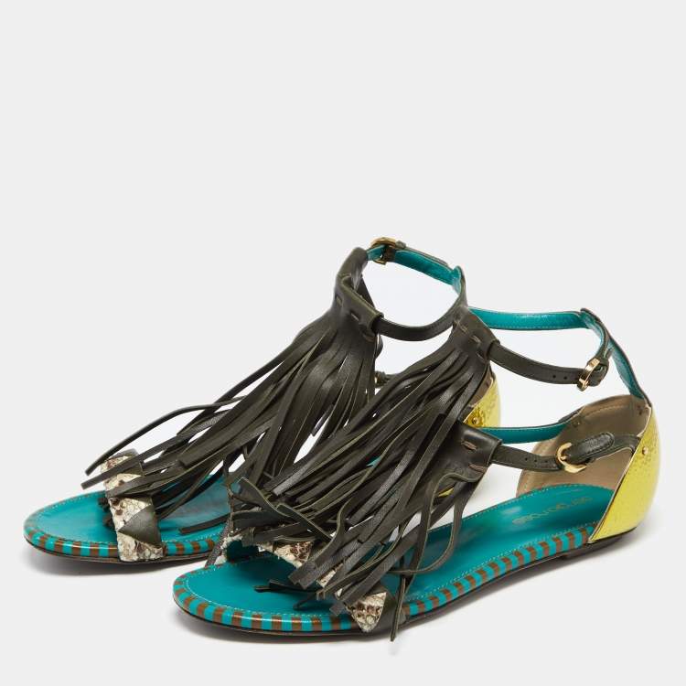 Pre Owned Sergio Rossi Multicolor Snakeskin and Leather Fringe Detail Ankle-Strap Flat Sandals Size 38