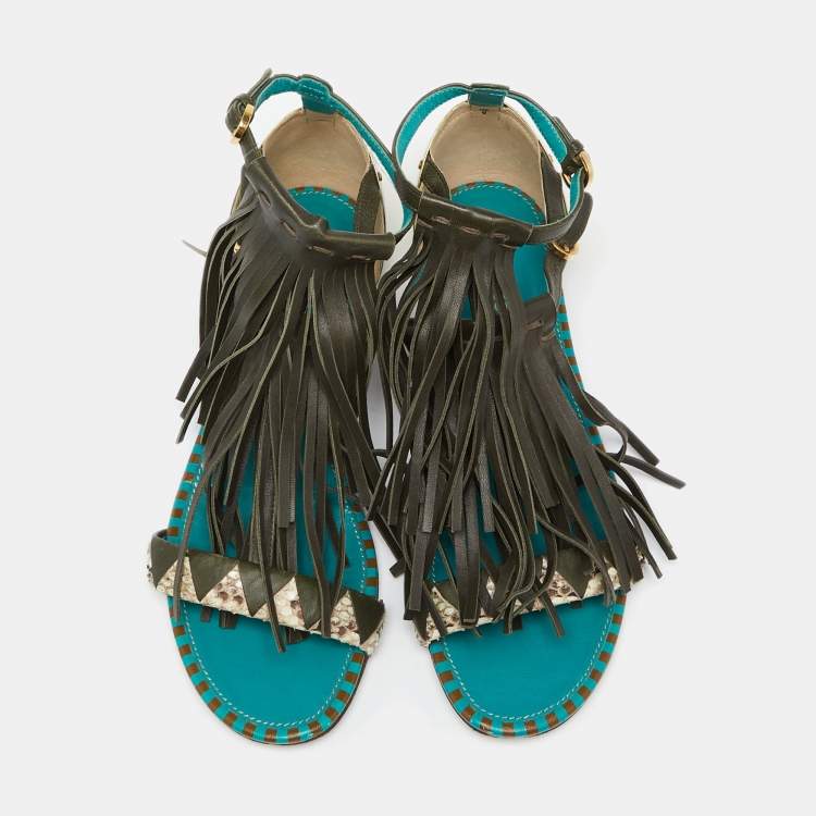 Pre Owned Sergio Rossi Multicolor Snakeskin and Leather Fringe Detail Ankle-Strap Flat Sandals Size 38