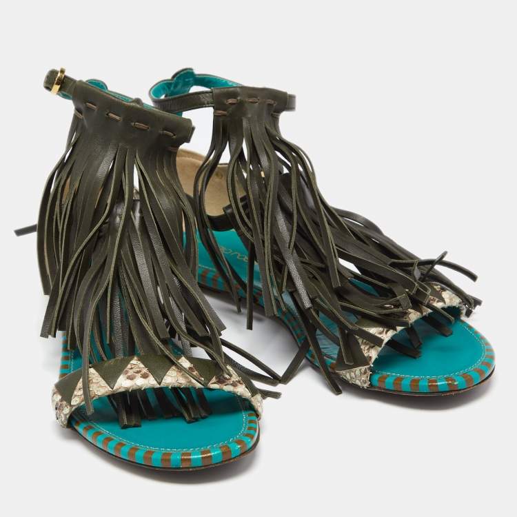 Pre Owned Sergio Rossi Multicolor Snakeskin and Leather Fringe Detail Ankle-Strap Flat Sandals Size 38