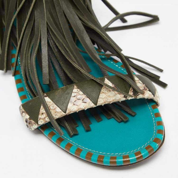 Pre Owned Sergio Rossi Multicolor Snakeskin and Leather Fringe Detail Ankle-Strap Flat Sandals Size 38