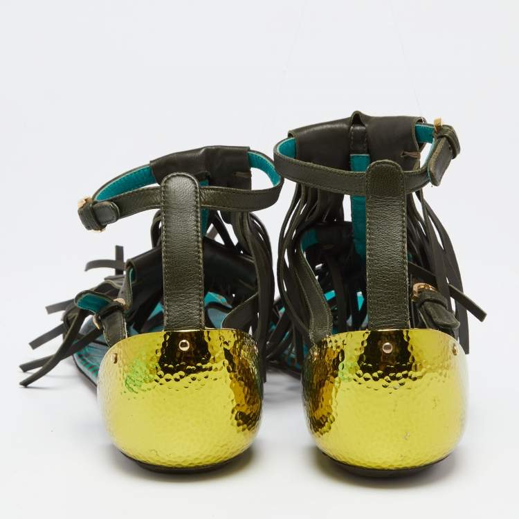 Pre Owned Sergio Rossi Multicolor Snakeskin and Leather Fringe Detail Ankle-Strap Flat Sandals Size 38
