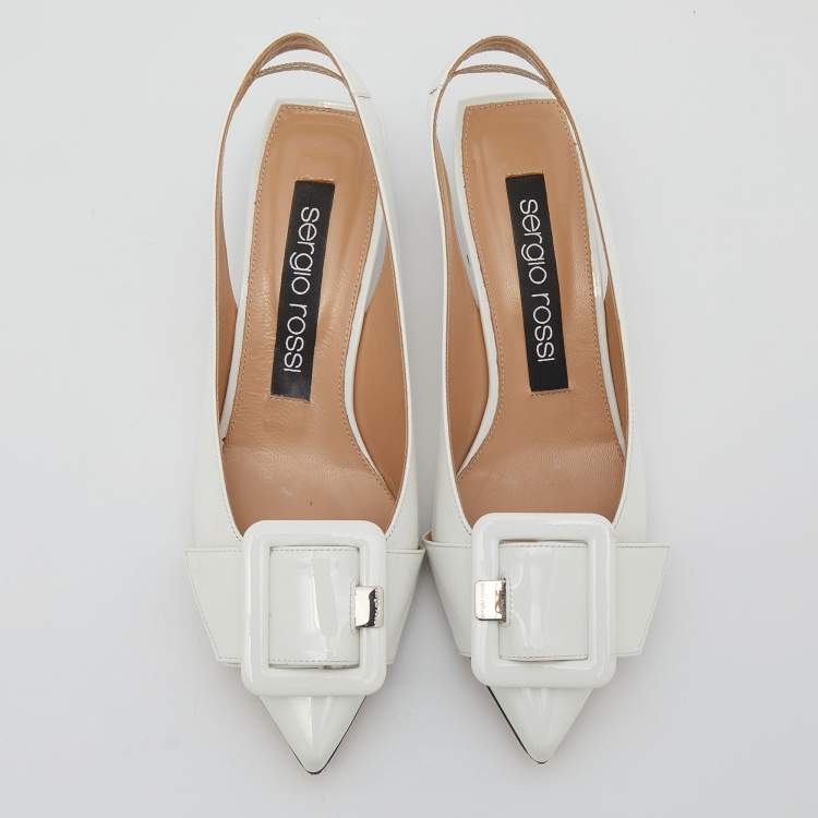 Pre Owned Sergio Rossi White Leather Buckle Detail Decollete Slingback Sandals Size 37.5