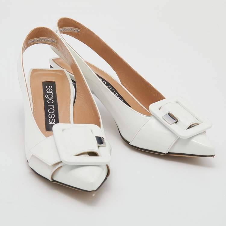 Pre Owned Sergio Rossi White Leather Buckle Detail Decollete Slingback Sandals Size 37.5