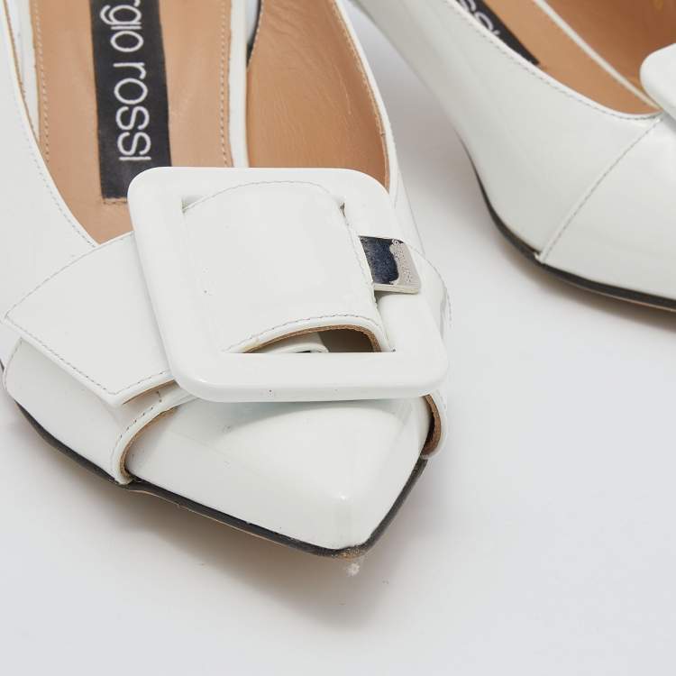 Pre Owned Sergio Rossi White Leather Buckle Detail Decollete Slingback Sandals Size 37.5