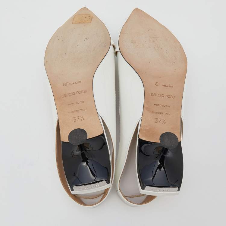 Pre Owned Sergio Rossi White Leather Buckle Detail Decollete Slingback Sandals Size 37.5