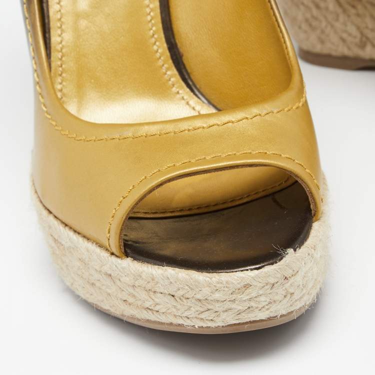 Pre Owned Sergio Rossi Ombre Gold Leather and Jute Ankle Wrap Wedge Pumps Size 39.5