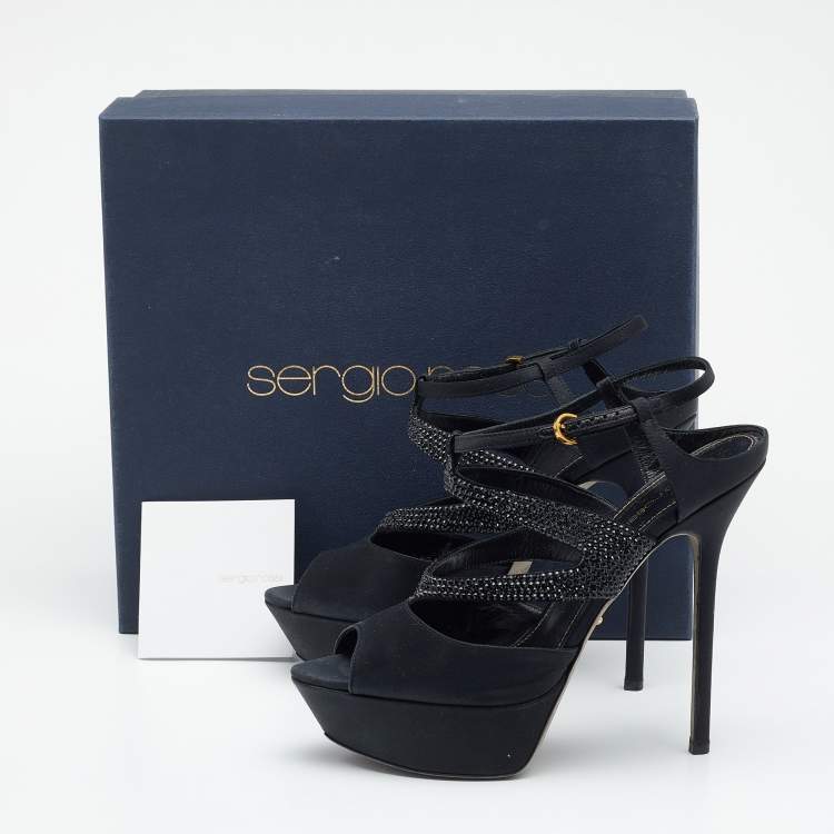 Pre Owned Sergio Rossi Black Satin Embellished  Ankle Strap Sandals Size 39