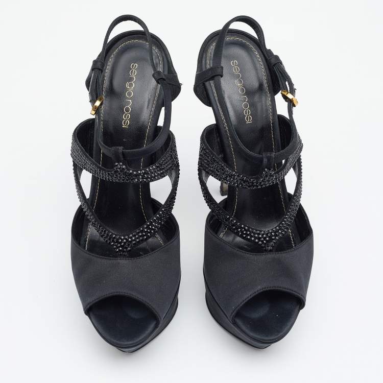 Pre Owned Sergio Rossi Black Satin Embellished  Ankle Strap Sandals Size 39
