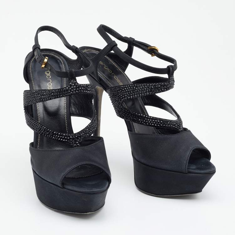 Pre Owned Sergio Rossi Black Satin Embellished  Ankle Strap Sandals Size 39