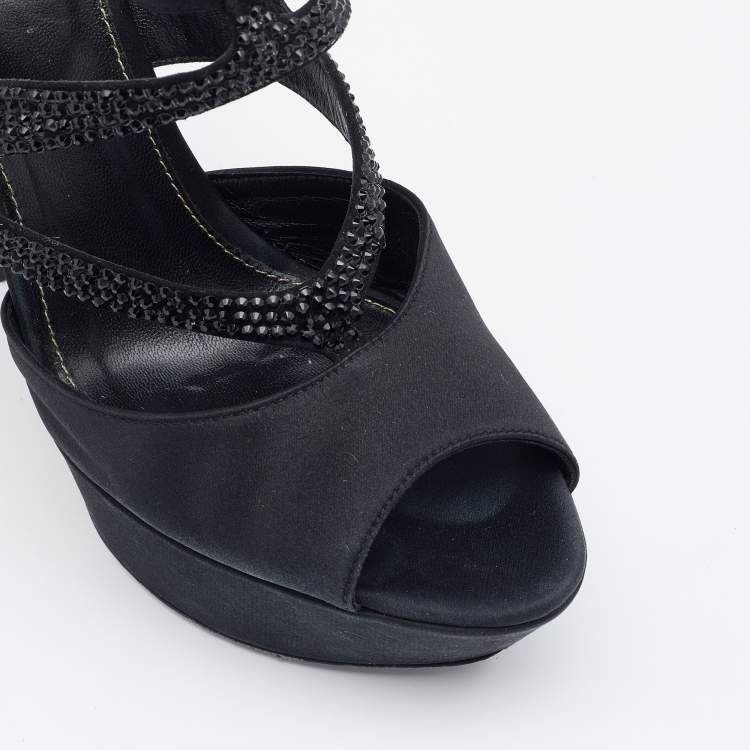 Pre Owned Sergio Rossi Black Satin Embellished  Ankle Strap Sandals Size 39