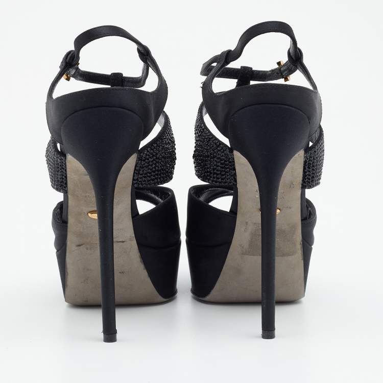 Pre Owned Sergio Rossi Black Satin Embellished  Ankle Strap Sandals Size 39