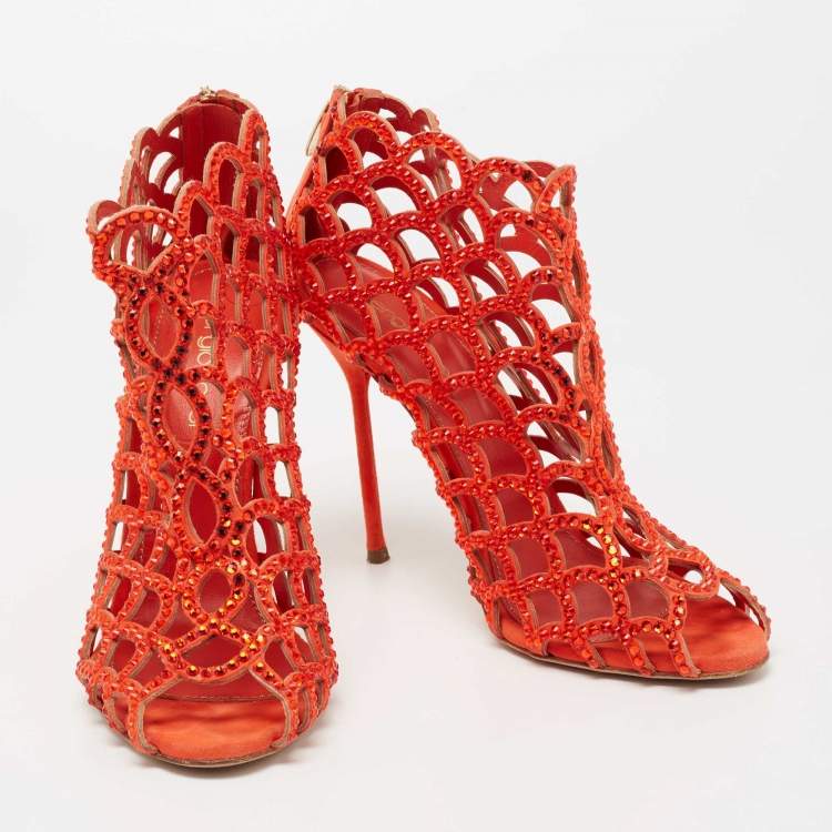 Pre Owned Sergio Rossi Orange Crystal Embellished Suede Cut Out Peep Toe Ankle Booties Size 37