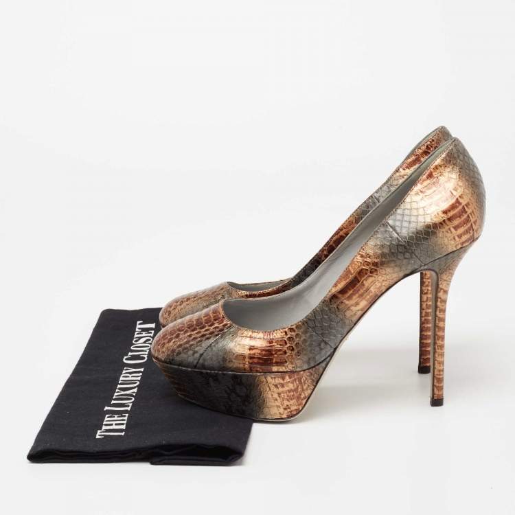 Pre Owned Sergio Rossi Metallic Brown/Grey Water Snake Platform Pumps Size 39