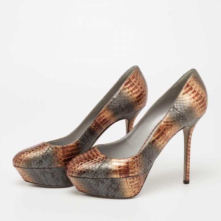 Pre Owned Sergio Rossi Metallic Brown/Grey Water Snake Platform Pumps Size 39