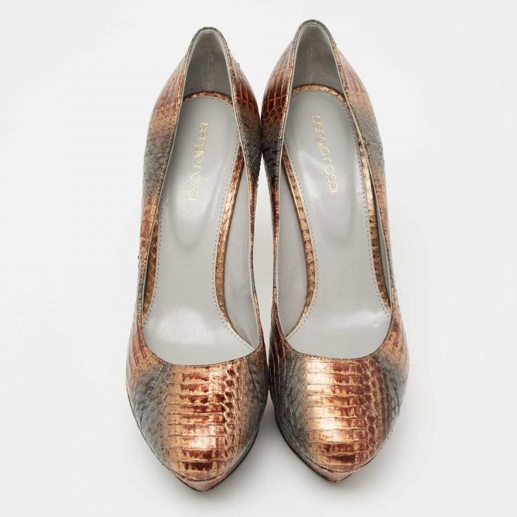 Pre Owned Sergio Rossi Metallic Brown/Grey Water Snake Platform Pumps Size 39