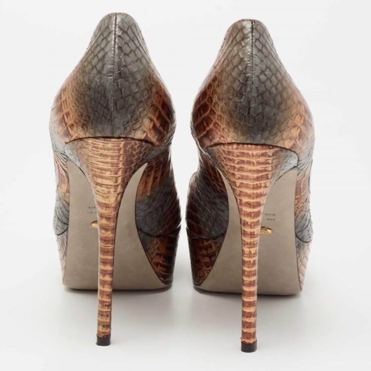 Pre Owned Sergio Rossi Metallic Brown/Grey Water Snake Platform Pumps Size 39