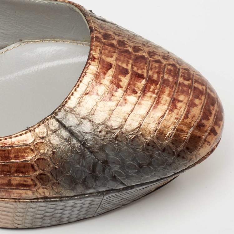 Pre Owned Sergio Rossi Metallic Brown/Grey Water Snake Platform Pumps Size 39