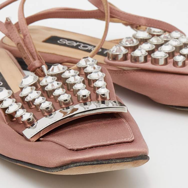 Pre Owned Sergio Rossi Old Rose Satin Crystal Embellished Ankle Strap Flats Size 36