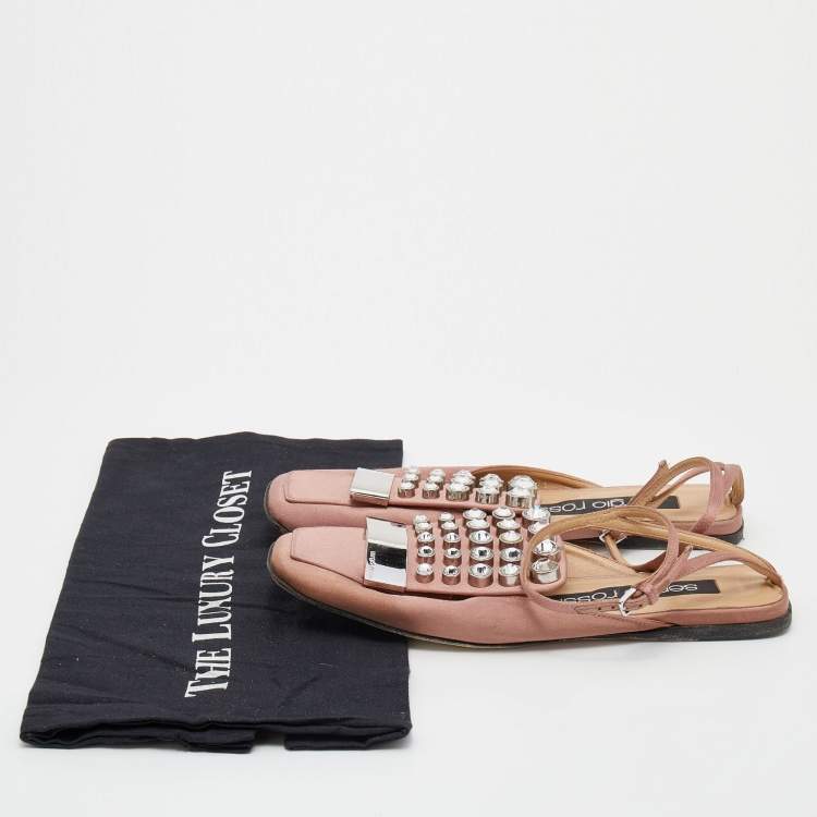 Pre Owned Sergio Rossi Old Rose Satin Crystal Embellished Ankle Strap Flats Size 36