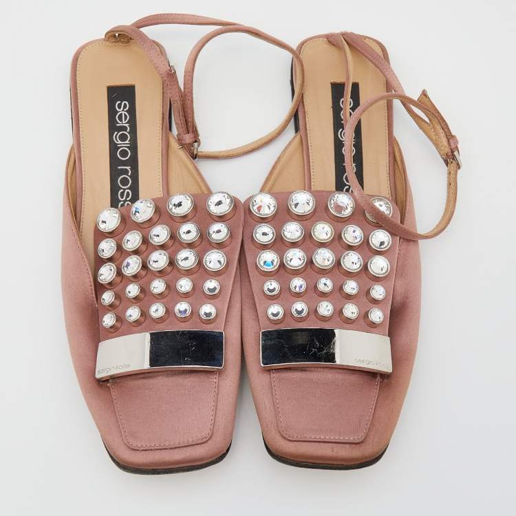 Pre Owned Sergio Rossi Old Rose Satin Crystal Embellished Ankle Strap Flats Size 36