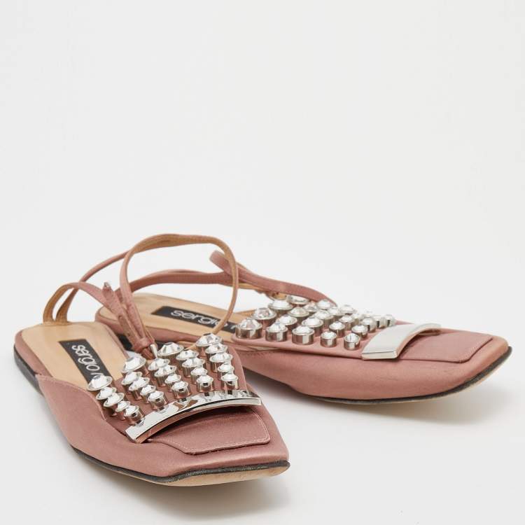 Pre Owned Sergio Rossi Old Rose Satin Crystal Embellished Ankle Strap Flats Size 36