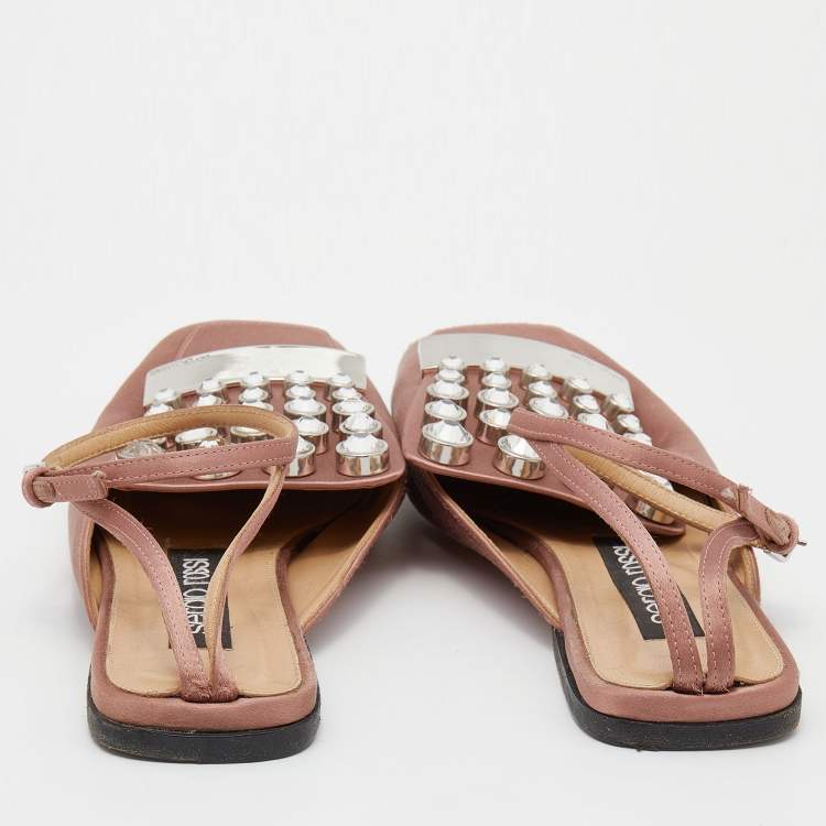 Pre Owned Sergio Rossi Old Rose Satin Crystal Embellished Ankle Strap Flats Size 36