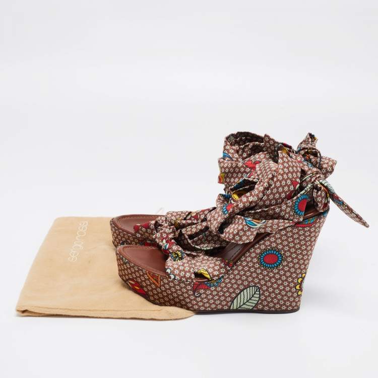 Pre Owned Sergio Rossi Multicolor Printed Satin Ankle-Wrap Wedge Platform Sandals Size 40