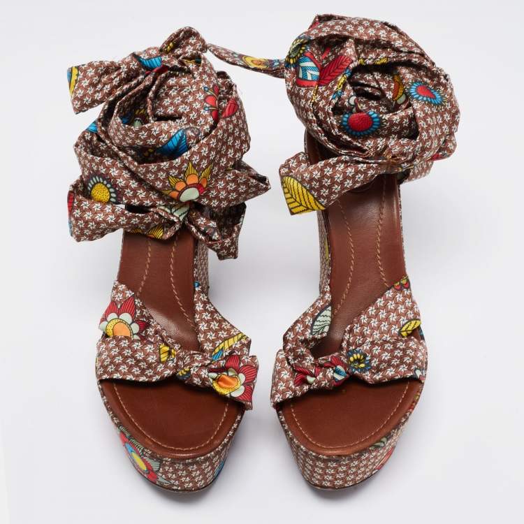 Pre Owned Sergio Rossi Multicolor Printed Satin Ankle-Wrap Wedge Platform Sandals Size 40