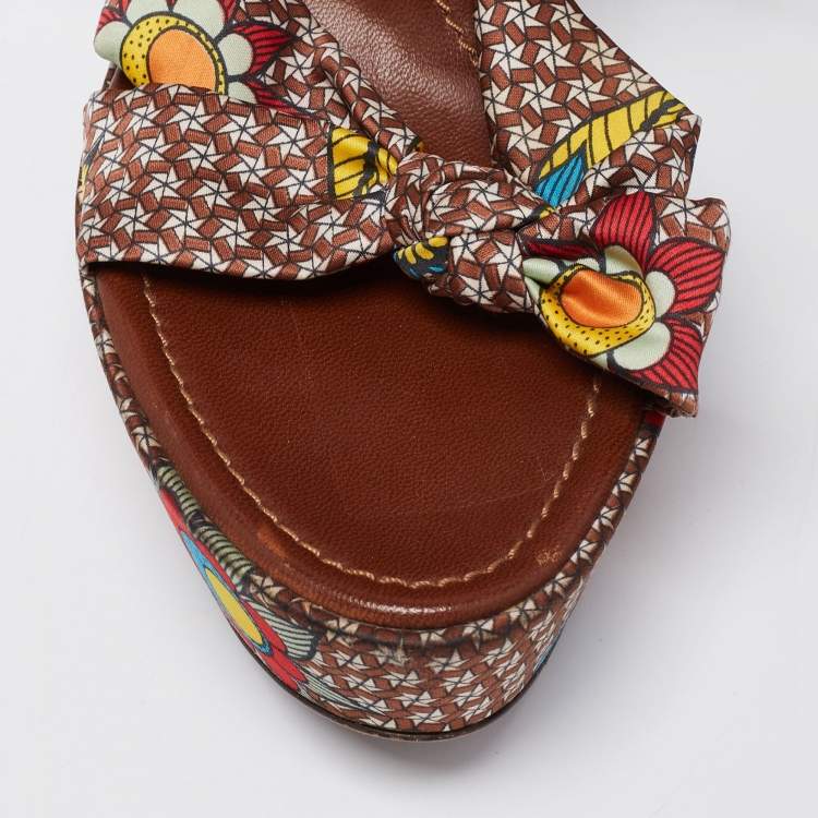 Pre Owned Sergio Rossi Multicolor Printed Satin Ankle-Wrap Wedge Platform Sandals Size 40