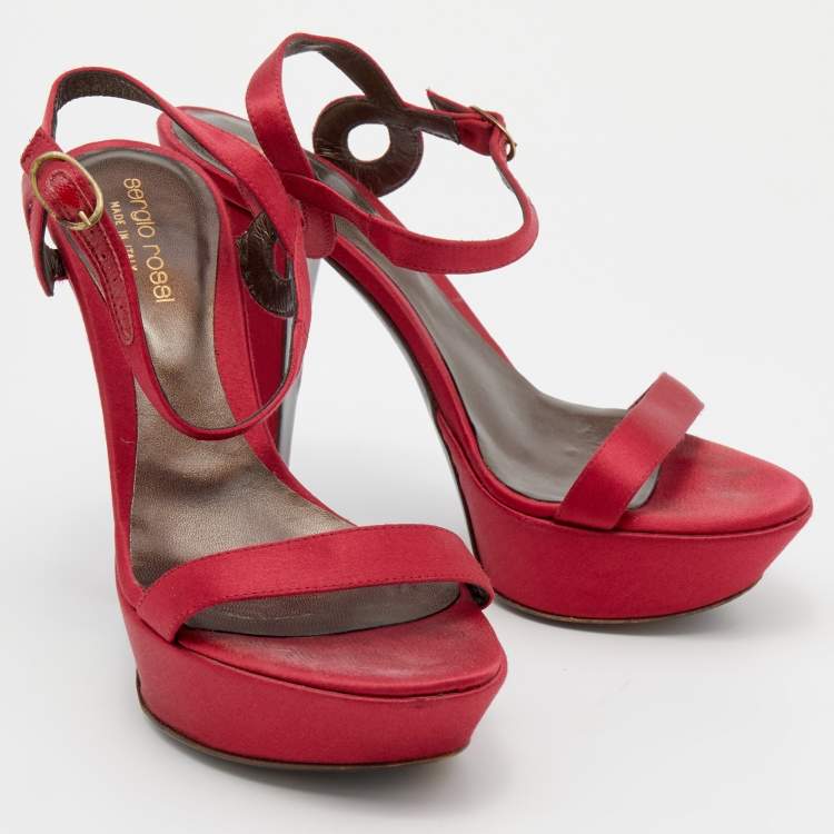 Pre Owned Sergio Rossi Fuchsia Satin Ankle Strap Platform Sandals Size 35.5
