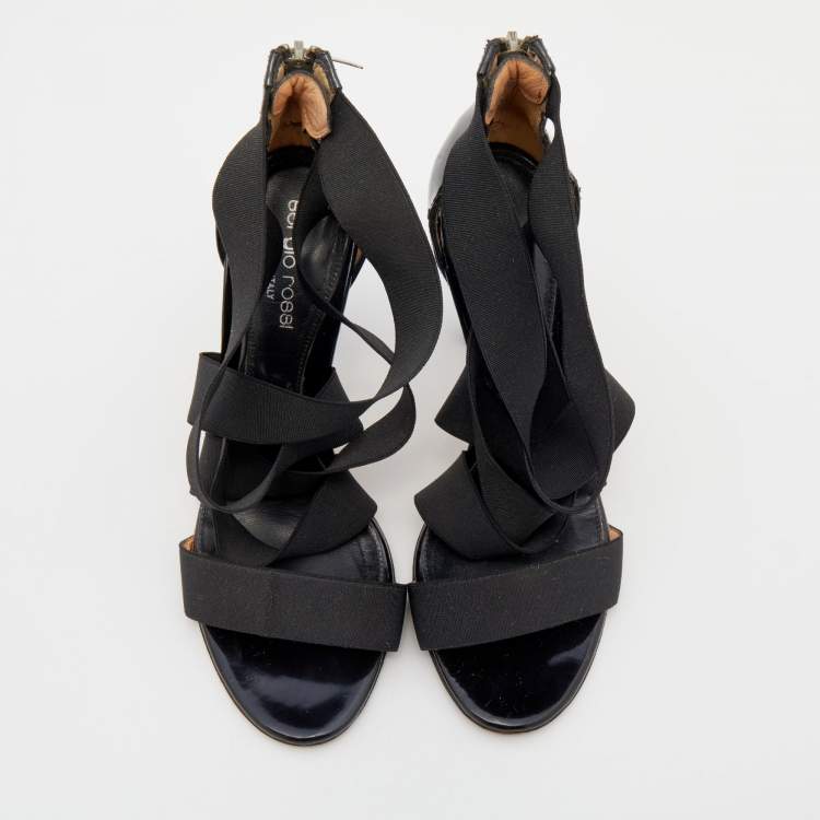 Pre Owned Sergio Rossi Black Patent Leather and Elastic Strappy Sandals Size 36