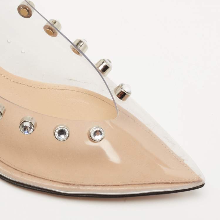 Pre Owned Sergio Rossi Beige PVC Crystal Embellished Pointed Toe Slingback Sandals Size 36