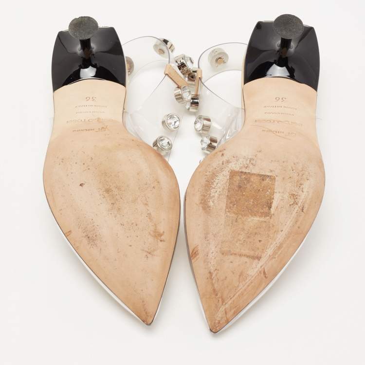 Pre Owned Sergio Rossi Beige PVC Crystal Embellished Pointed Toe Slingback Sandals Size 36