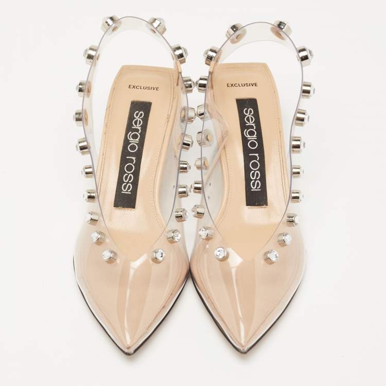 Pre Owned Sergio Rossi Beige PVC Crystal Embellished Pointed Toe Slingback Sandals Size 36