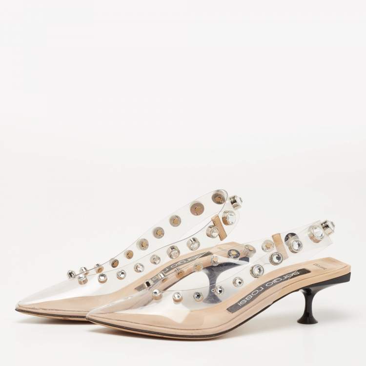 Pre Owned Sergio Rossi Beige PVC Crystal Embellished Pointed Toe Slingback Sandals Size 36