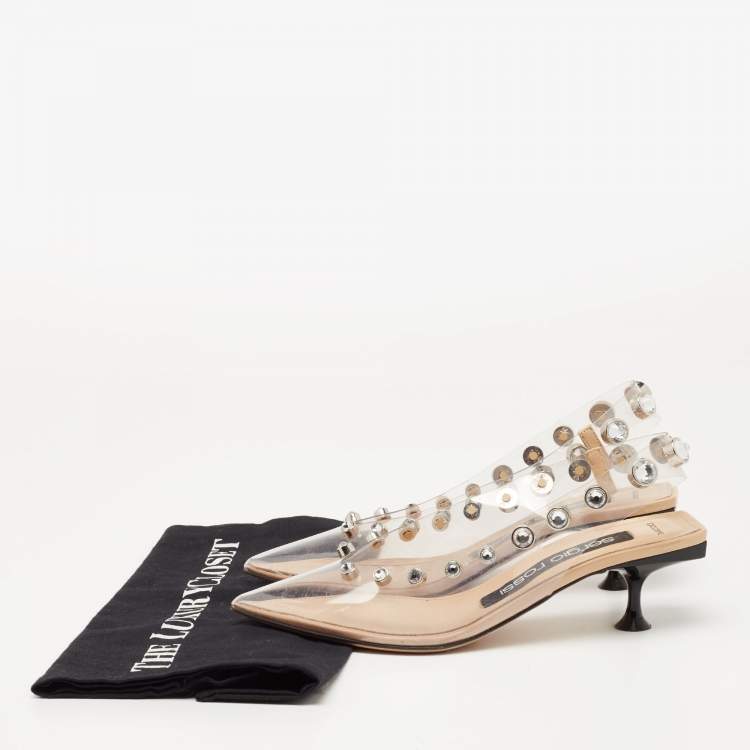Pre Owned Sergio Rossi Beige PVC Crystal Embellished Pointed Toe Slingback Sandals Size 36