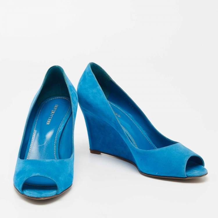 Pre Owned Sergio Rossi Blue Suede Peep Toe Wedge Pumps Size 40.5