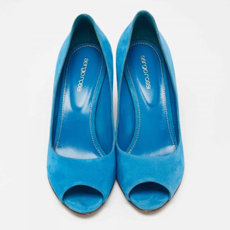 Pre Owned Sergio Rossi Blue Suede Peep Toe Wedge Pumps Size 40.5