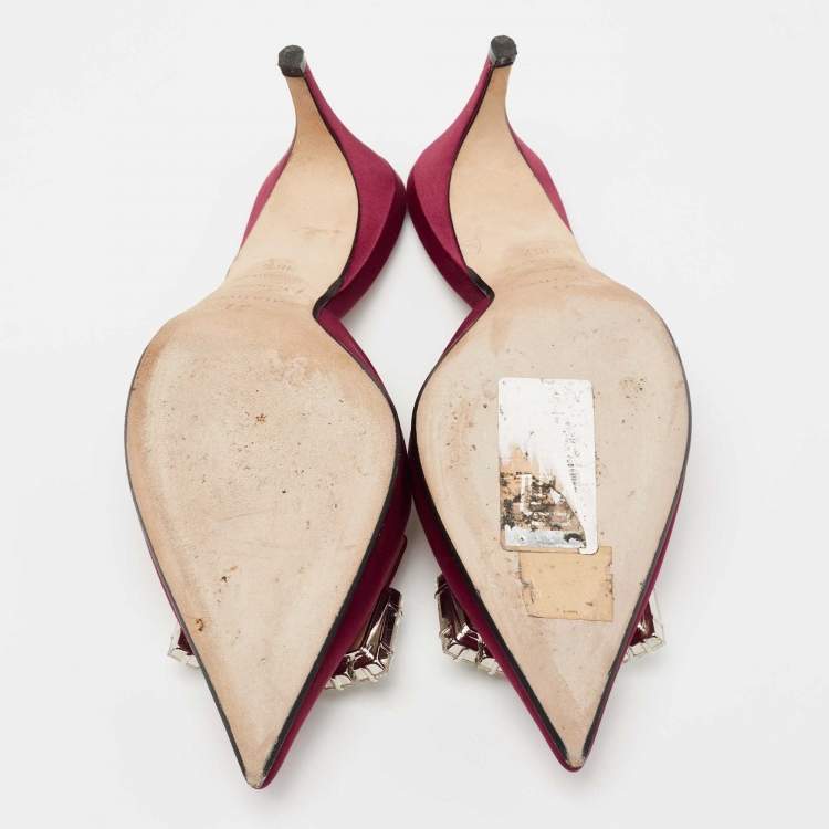 Pre Owned Sergio Rossi Burgundy Satin Crystal Embellished Mules Size 36.5 