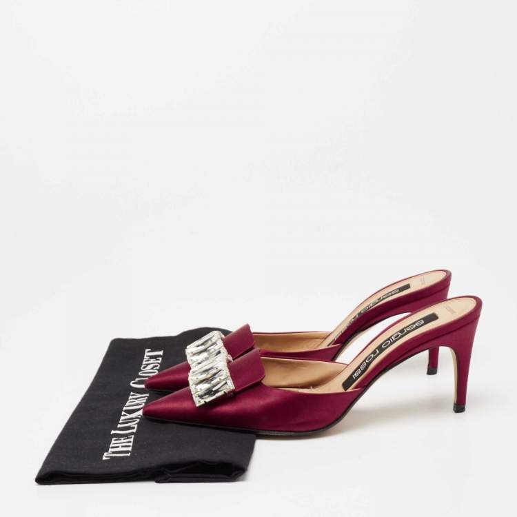 Pre Owned Sergio Rossi Burgundy Satin Crystal Embellished Mules Size 36.5 