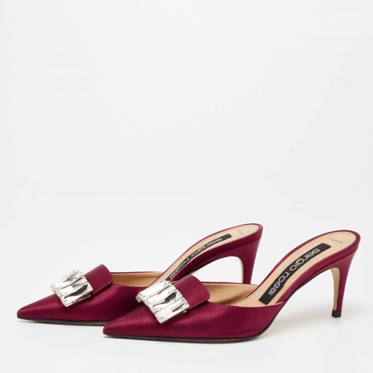 Pre Owned Sergio Rossi Burgundy Satin Crystal Embellished Mules Size 36.5 