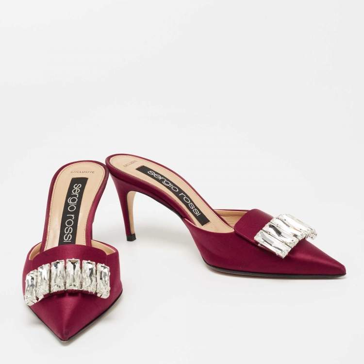 Pre Owned Sergio Rossi Burgundy Satin Crystal Embellished Mules Size 36.5 