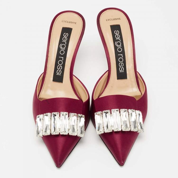 Pre Owned Sergio Rossi Burgundy Satin Crystal Embellished Mules Size 36.5 