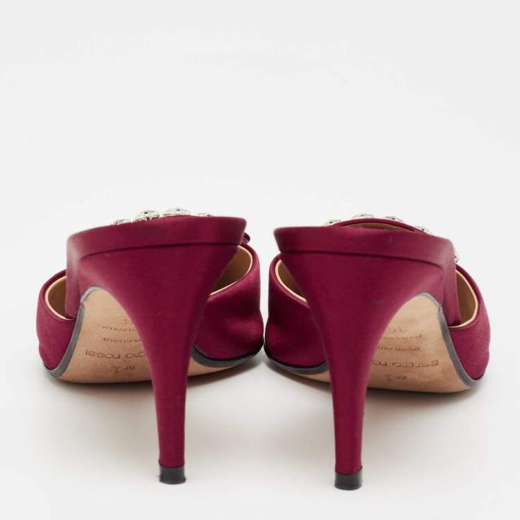 Pre Owned Sergio Rossi Burgundy Satin Crystal Embellished Mules Size 36.5 